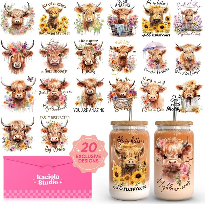KACIOLA STUDIO Cow UV DTF Cup Wrap -20 Sheets Highland Cow Theme UV DTF Cup Wraps for 16 oz Glass Mugs Coffee, UV DTF Decals Waterproof Rub on Transfer Stickers DIY Mug Glasses Crafting - Image 1